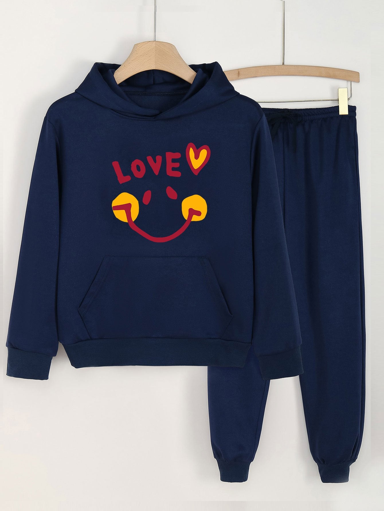 2pcs Love Smile Graphic Hoodies With Pocket Jogger Pants Set For Girls