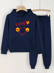 2pcs Love Smile Graphic Hoodies With Pocket Jogger Pants Set For Girls