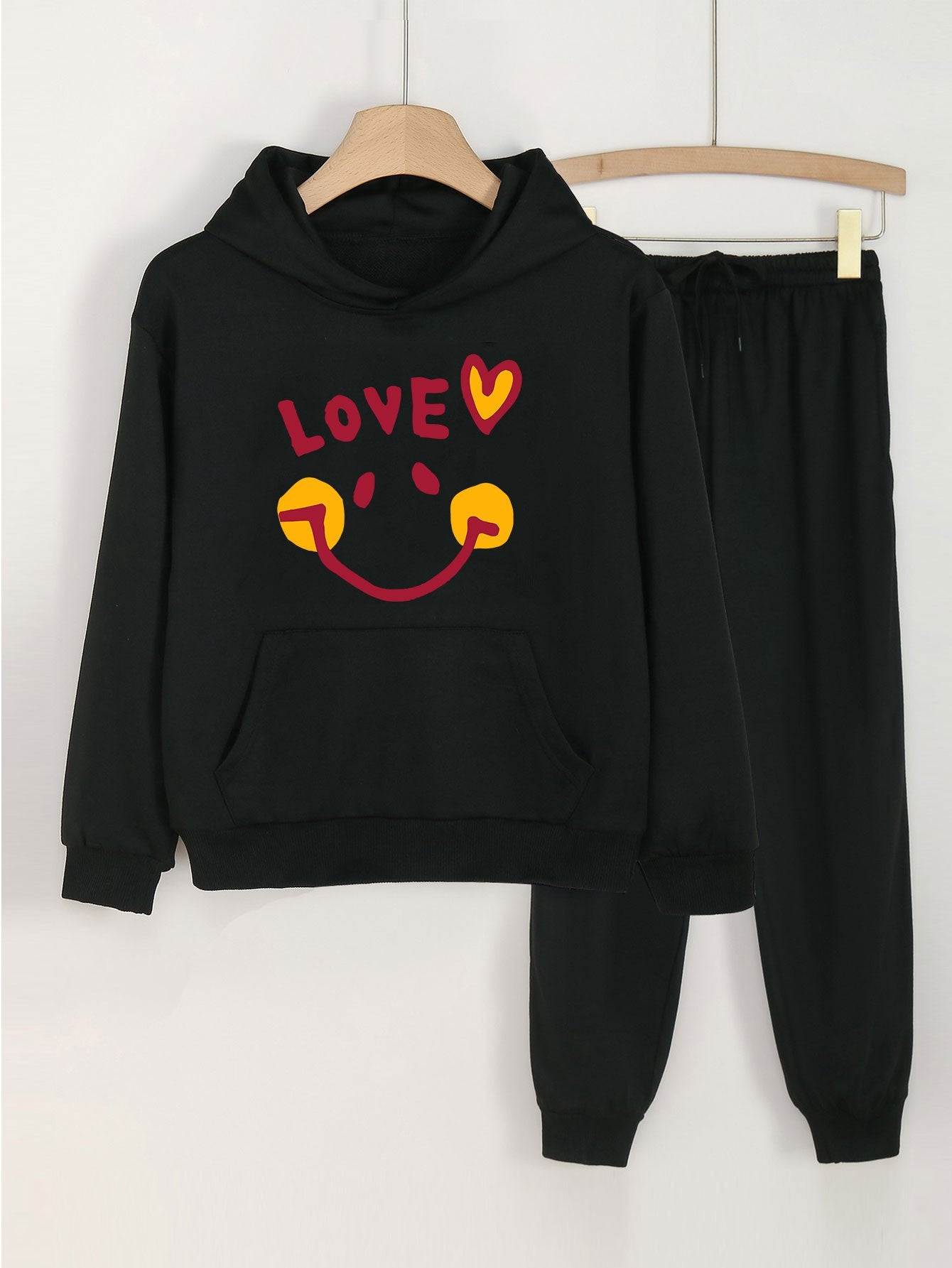 2pcs Love Smile Graphic Hoodies With Pocket Jogger Pants Set For Girls