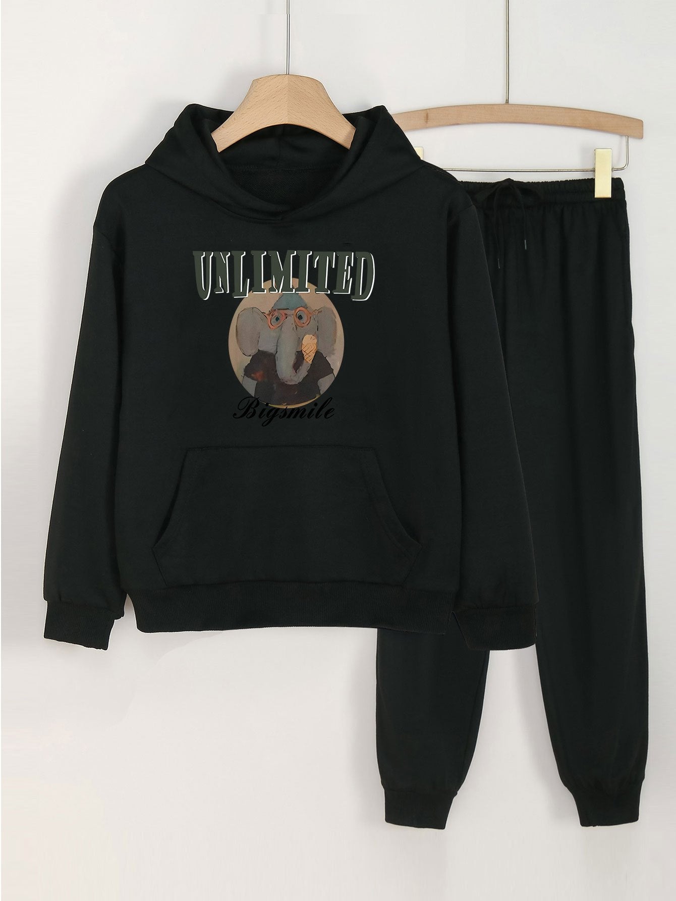 2pcs Elephant Graphic Hoodie & Jogger Pants Set For Girls