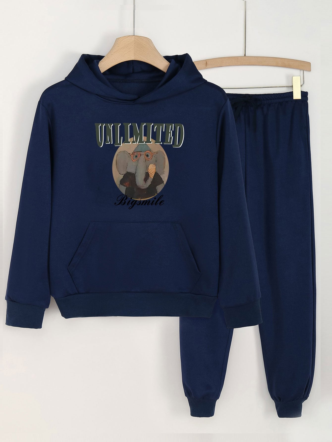 2pcs Elephant Graphic Hoodie & Jogger Pants Set For Girls
