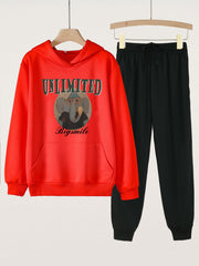 2pcs Elephant Graphic Hoodie & Jogger Pants Set For Girls