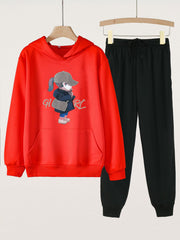 Cartoon Girl Graphic Hoodie Jogger Set for Girls