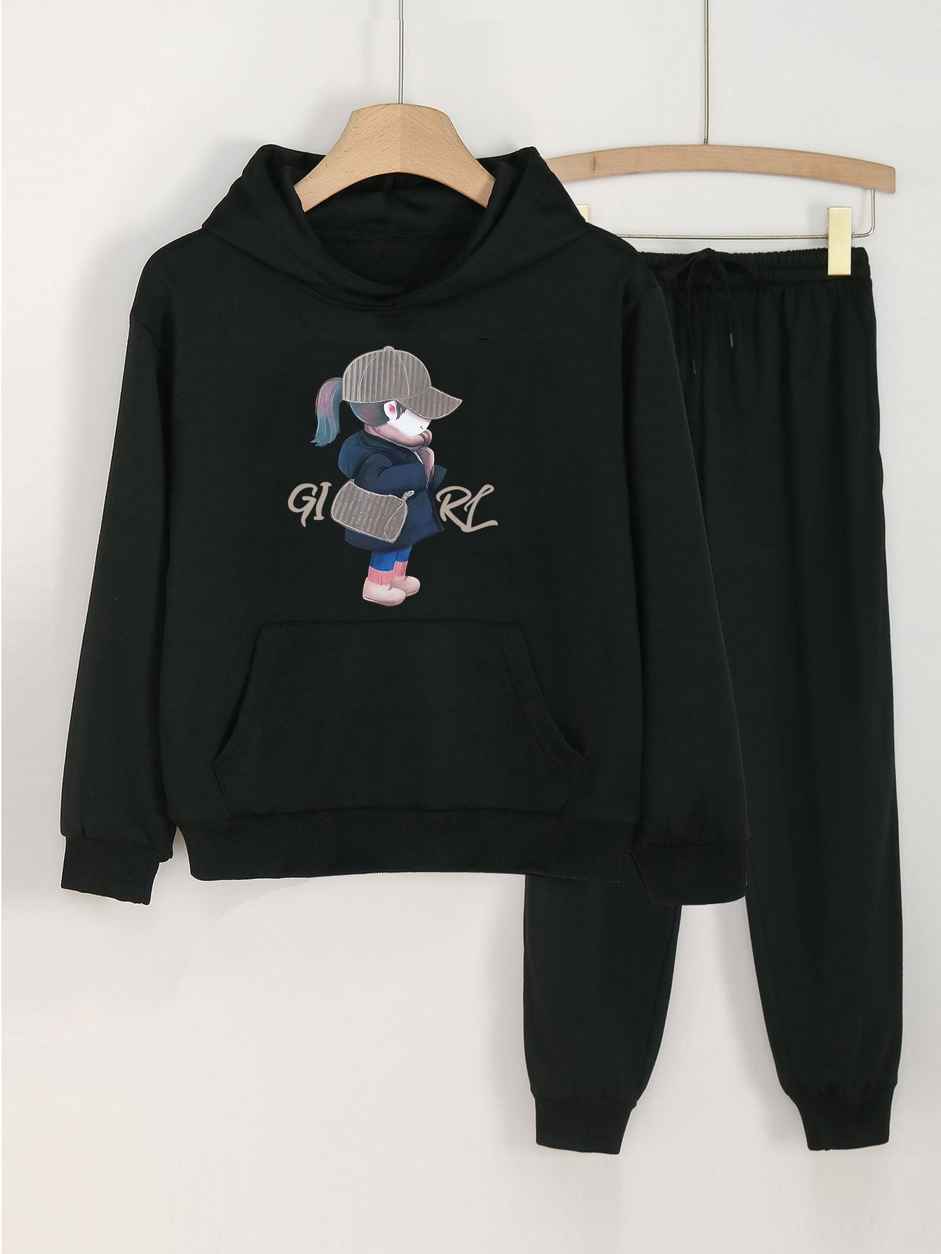 Cartoon Girl Graphic Hoodie Jogger Set for Girls