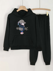 Cartoon Girl Graphic Hoodie Jogger Set for Girls