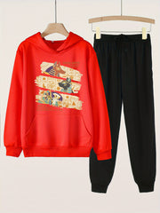 2pcs Egyptian Animal Graphic Hoodies Jogger Pants Set For Girls