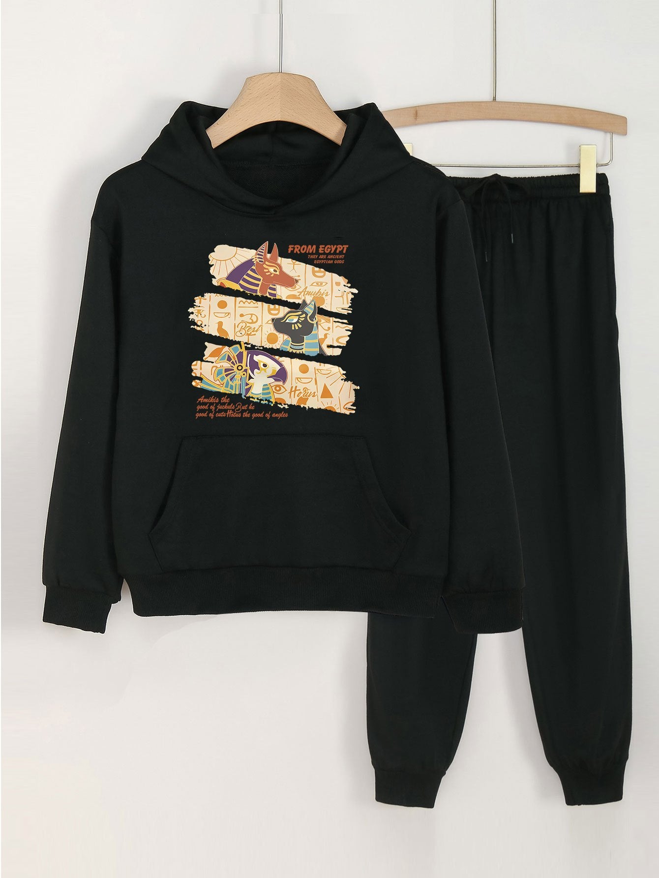 2pcs Egyptian Animal Graphic Hoodies Jogger Pants Set For Girls