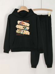 2pcs Egyptian Animal Graphic Hoodies Jogger Pants Set For Girls