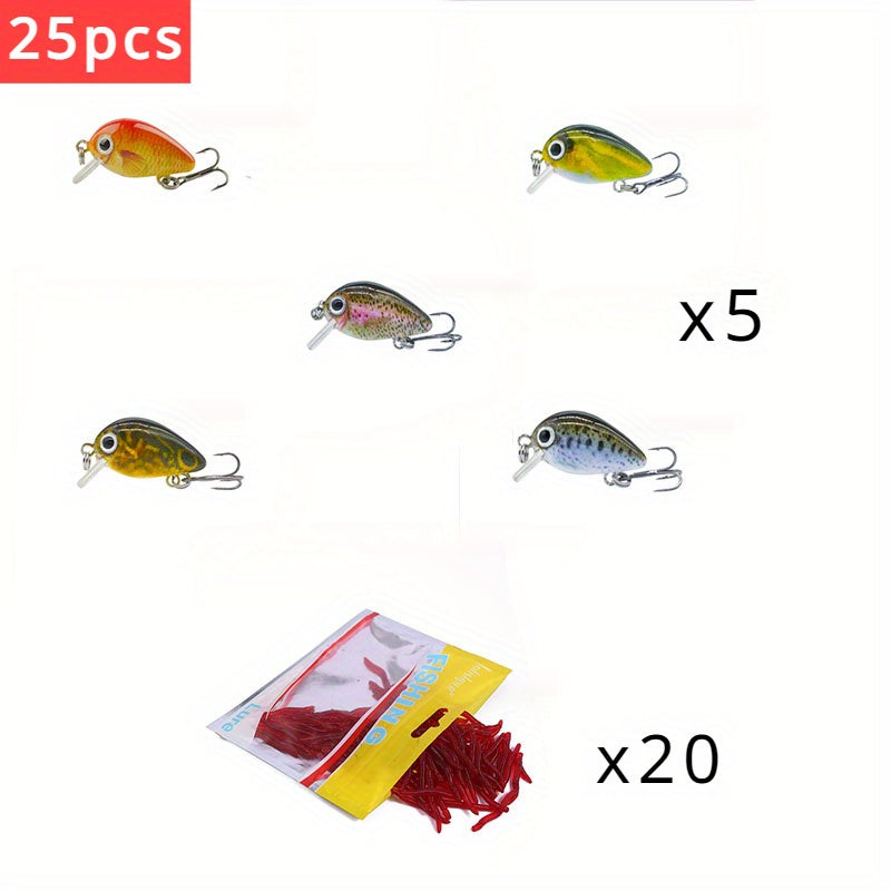 25pcs Mini Crankbaits And Red Worms Combo Set For Water Surface Fishing