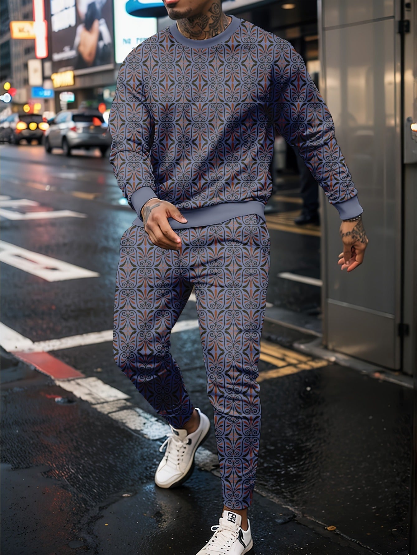 Men's 3D Print Crew Neck Sweatshirt and Joggers Set