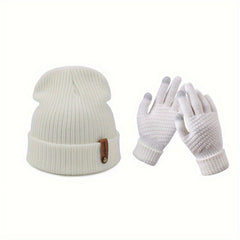 Unisex Casual Beanie Hat With Gloves Set Winter Outdoor Thick Warm Knitted