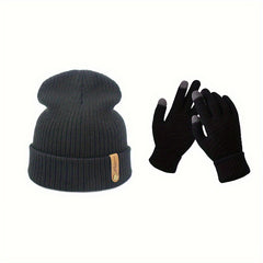 Unisex Casual Beanie Hat With Gloves Set Winter Outdoor Thick Warm Knitted