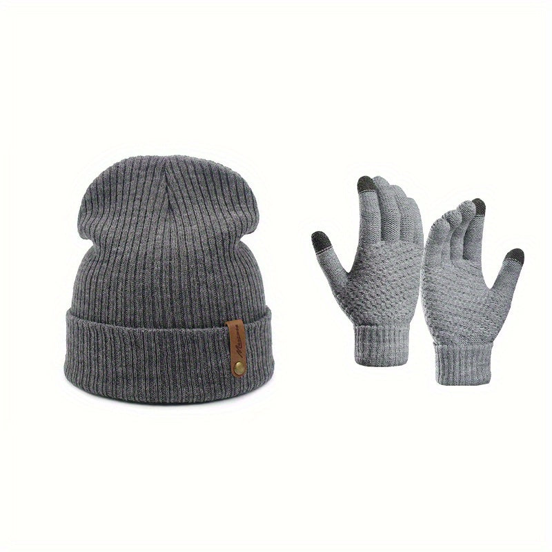 Unisex Casual Beanie Hat With Gloves Set Winter Outdoor Thick Warm Knitted