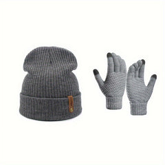 Unisex Casual Beanie Hat With Gloves Set Winter Outdoor Thick Warm Knitted