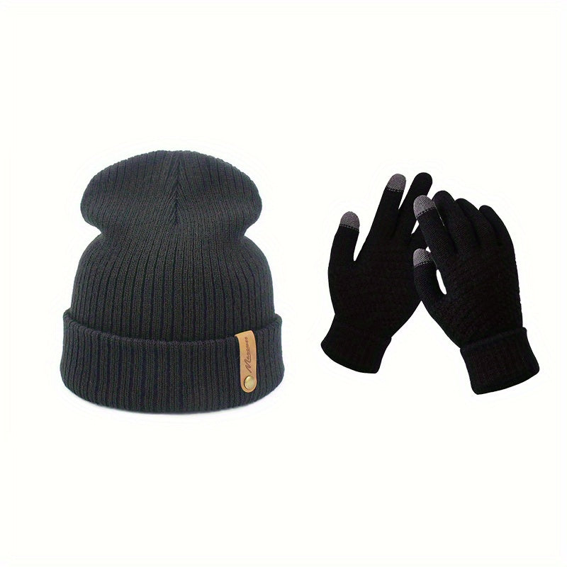 Unisex Casual Beanie Hat With Gloves Set Winter Outdoor Thick Warm Knitted