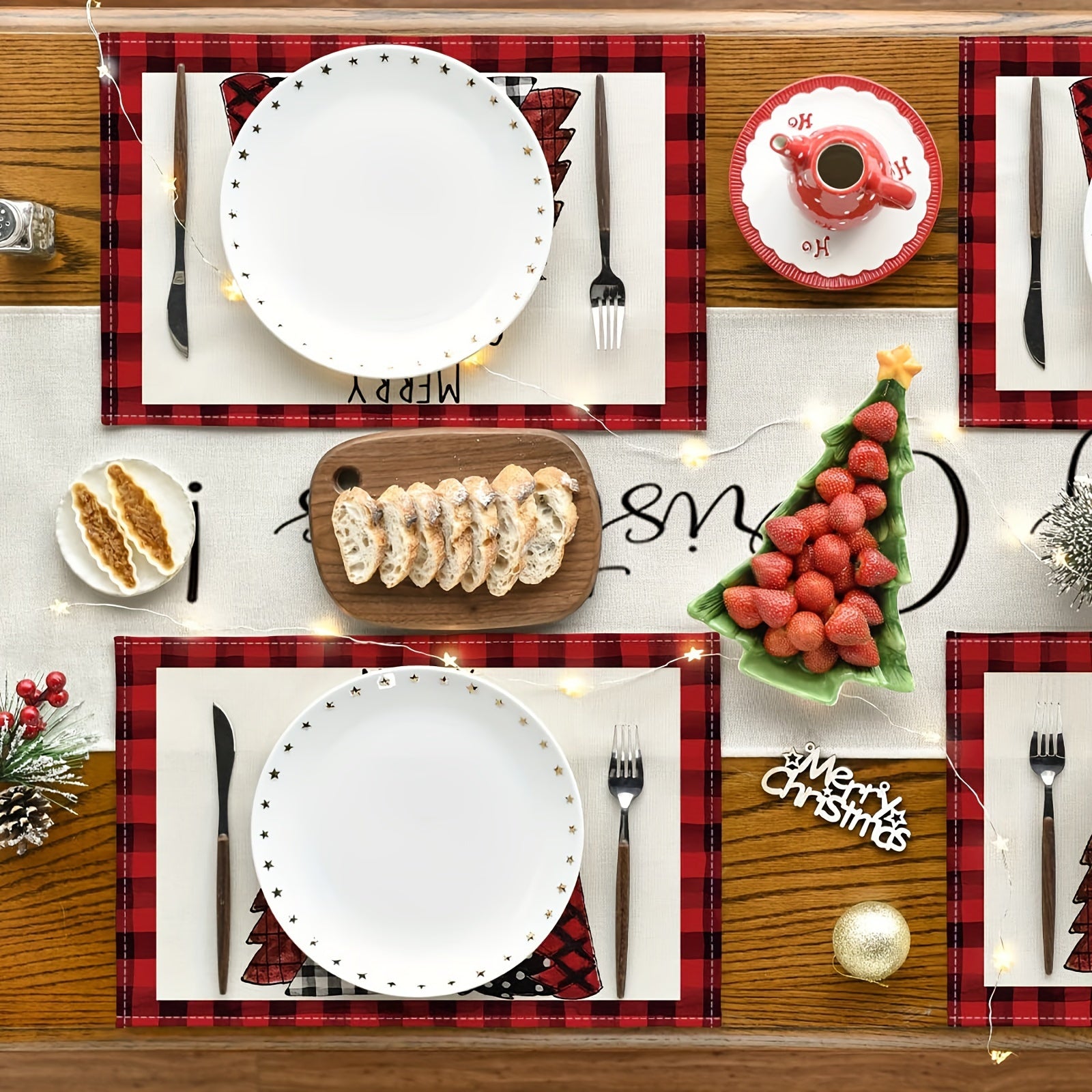 2pcs Christmas Placemat Red Plaid Heat Insulation Pad Kitchen Decor