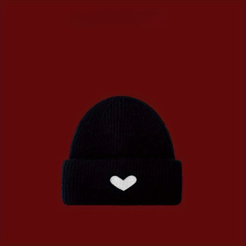 Warm Love Heart Embroidered Knitted Beanie Hat for Winter