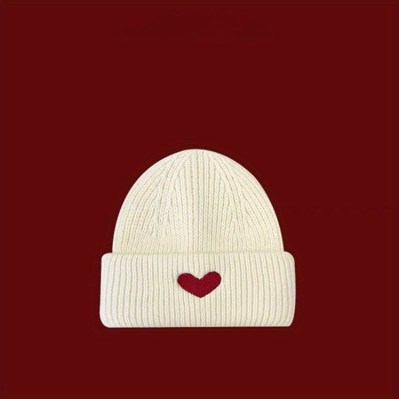 Warm Love Heart Embroidered Knitted Beanie Hat for Winter