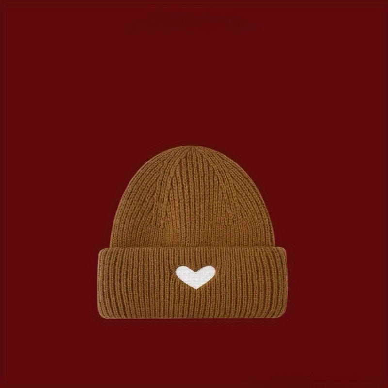 Warm Love Heart Embroidered Knitted Beanie Hat for Winter