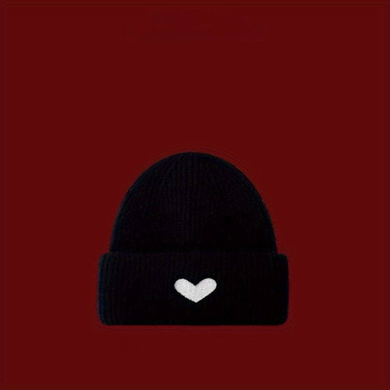 Warm Love Heart Embroidered Knitted Beanie Hat for Winter