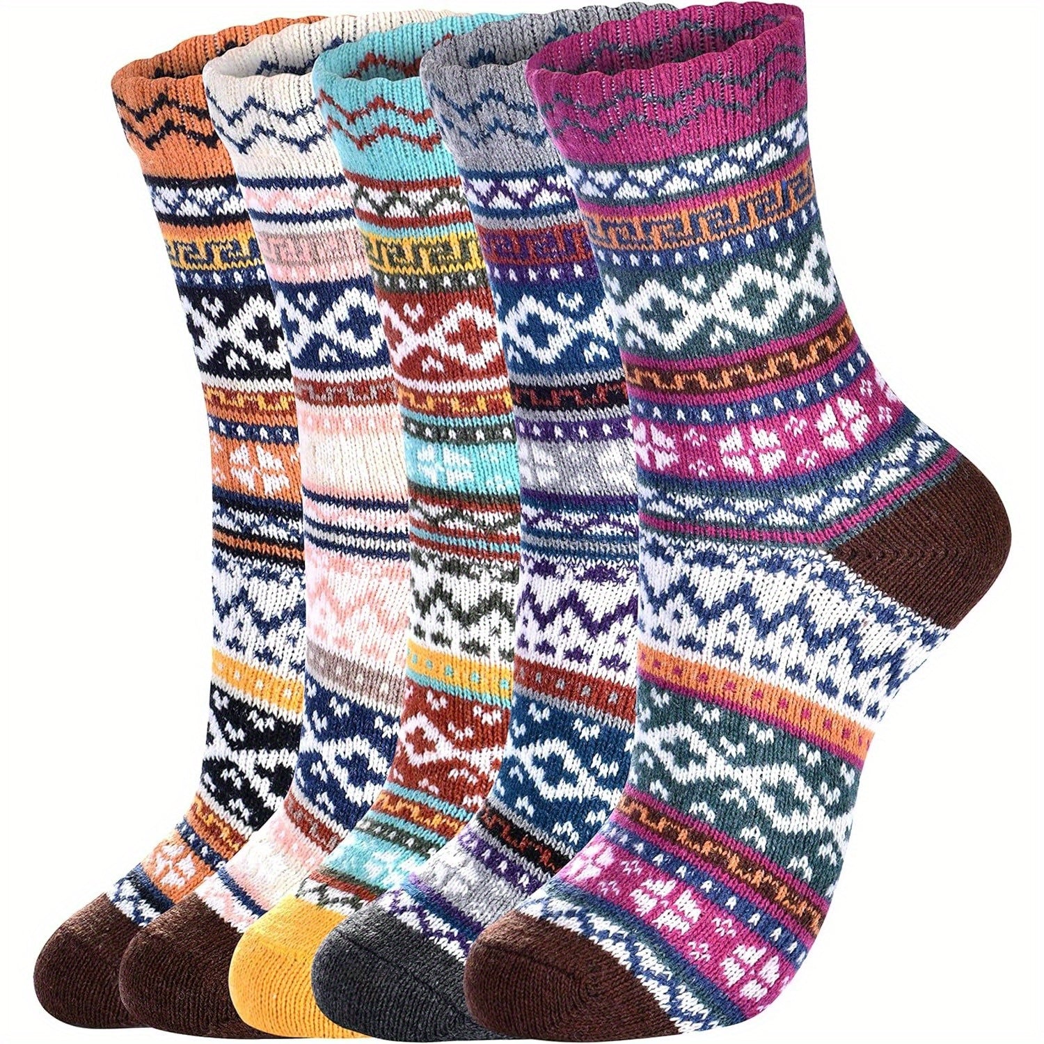 5 Pairs Winter Crew Socks Wool Cotton Multicolor Size 5-9 EU 35-40
