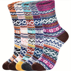 5 Pairs Winter Crew Socks Wool Cotton Multicolor Size 5-9 EU 35-40