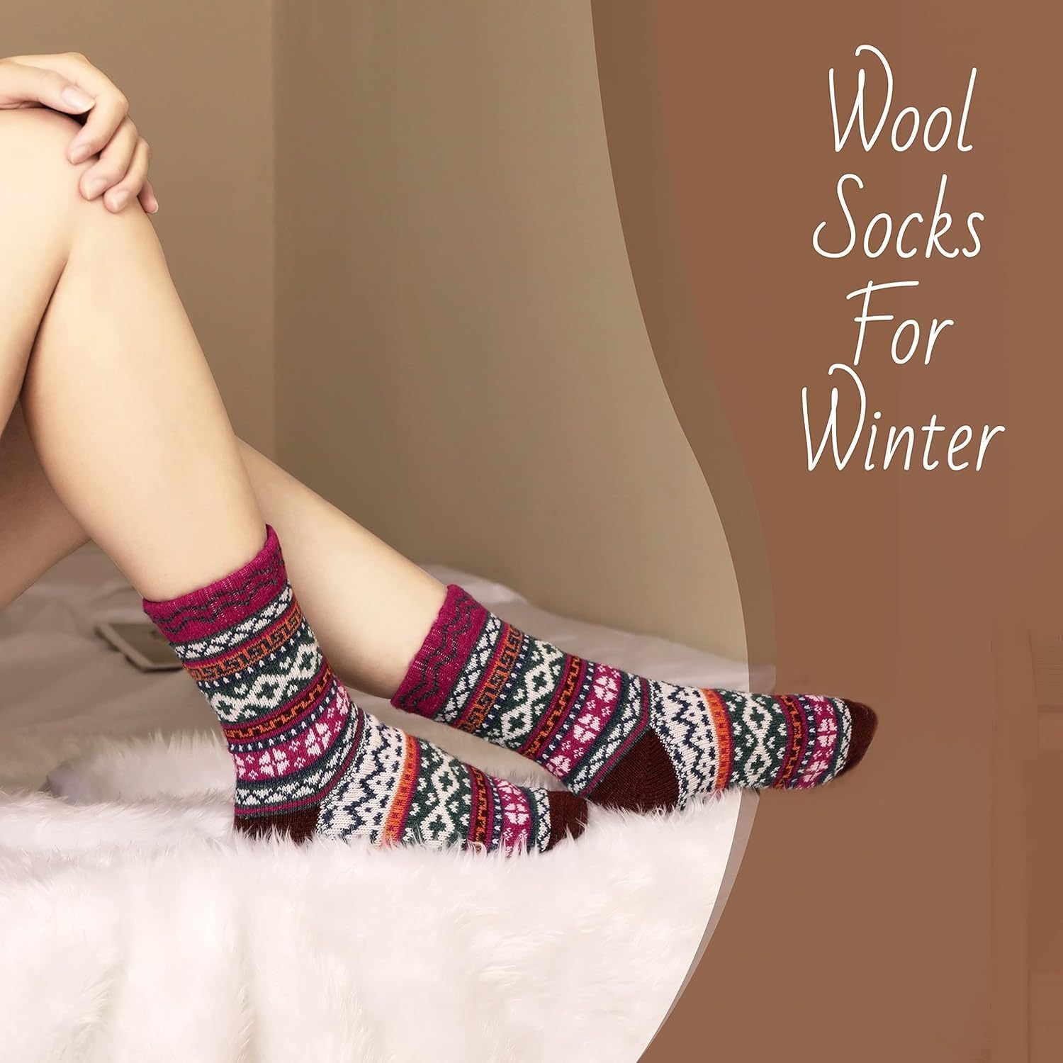 5 Pairs Winter Crew Socks Wool Cotton Multicolor Size 5-9 EU 35-40