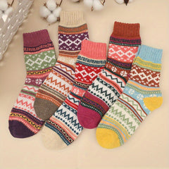 5 Pairs Winter Crew Socks Wool Cotton Multicolor Size 5-9 EU 35-40