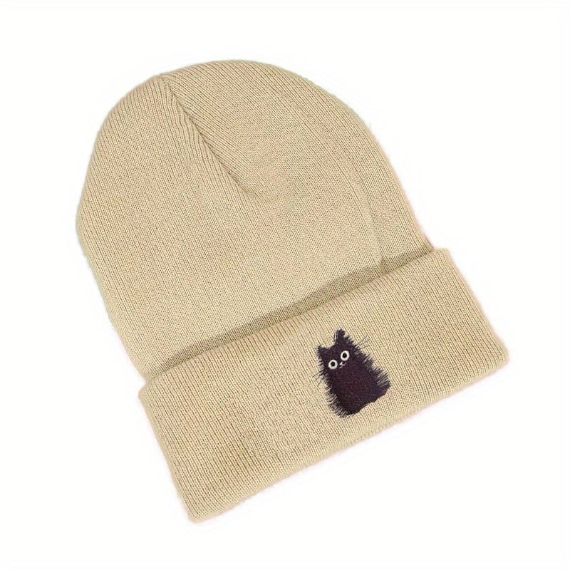 Cat Embroidered Knitted Beanie Hat Winter Warm Hat