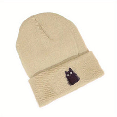 Cat Embroidered Knitted Beanie Hat Winter Warm Hat