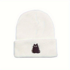 Cat Embroidered Knitted Beanie Hat Winter Warm Hat