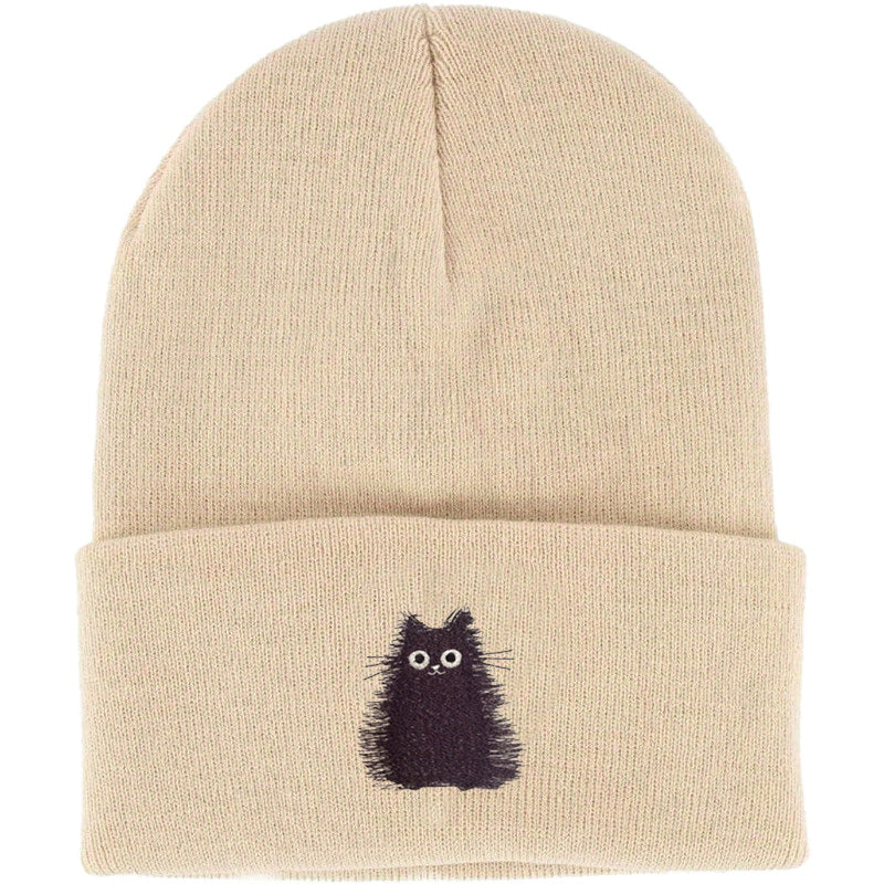 Cat Embroidered Knitted Beanie Hat Winter Warm Hat