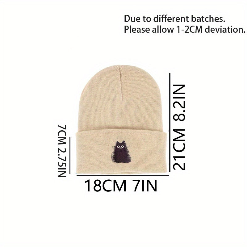 Cat Embroidered Knitted Beanie Hat Winter Warm Hat
