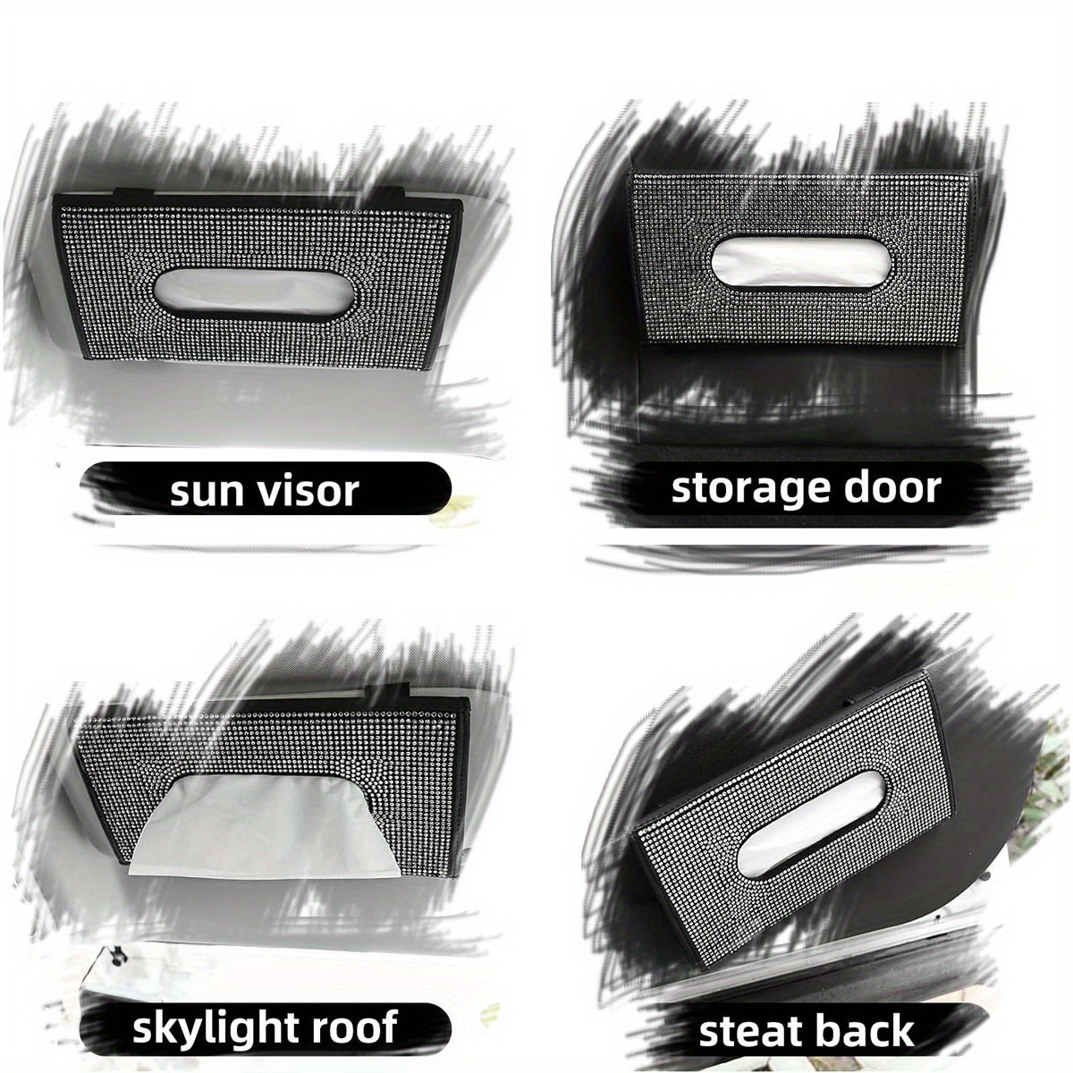 PU Leather Car Tissue Box w/ Diamond Decor Hanging Car Draw Paper Box