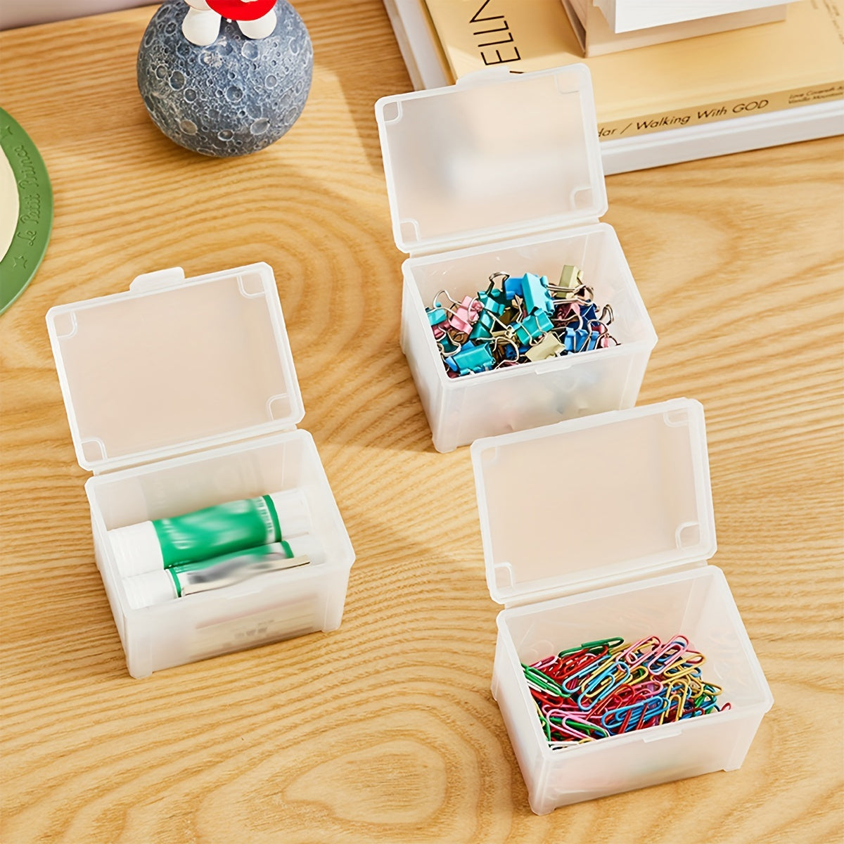 2pcs Transparent Desktop Storage Box with Cover for Small Object Classification