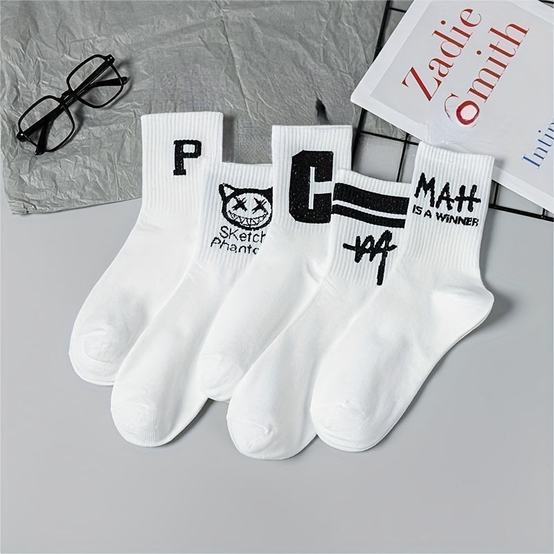 10 Pairs Men's Smiling Face Printed Crew Socks for Spring Summer Basketball