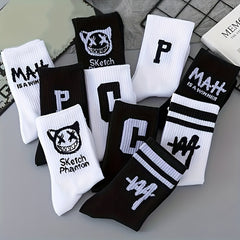 10 Pairs Men's Smiling Face Printed Crew Socks for Spring Summer Basketball