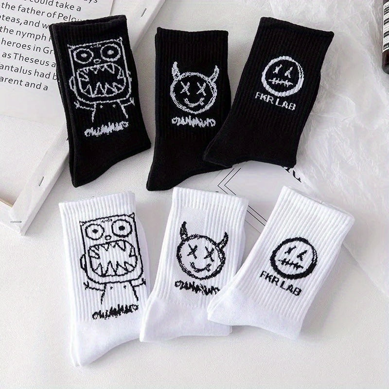 5 Pairs Men's Basketball Crew Socks, Funny Print