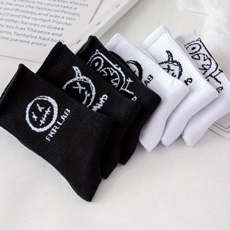 5 Pairs Men's Basketball Crew Socks, Funny Print
