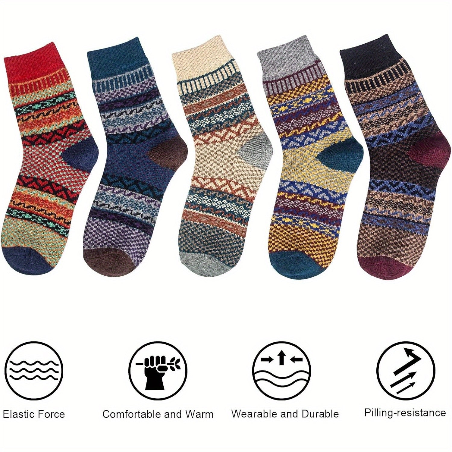 5Pairs Vintage Wool Socks Winter Warm Socks for Women Men