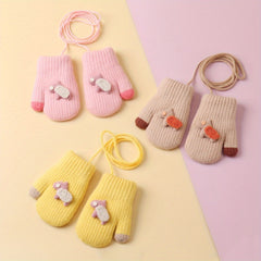 Kids Cartoon Gloves Winter Warm with Neck Hanging Rope