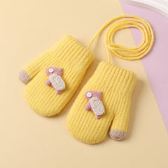 Cartoon Winter Gloves For Baby Girls Velvet Warm Hanging Neck Cold Gloves