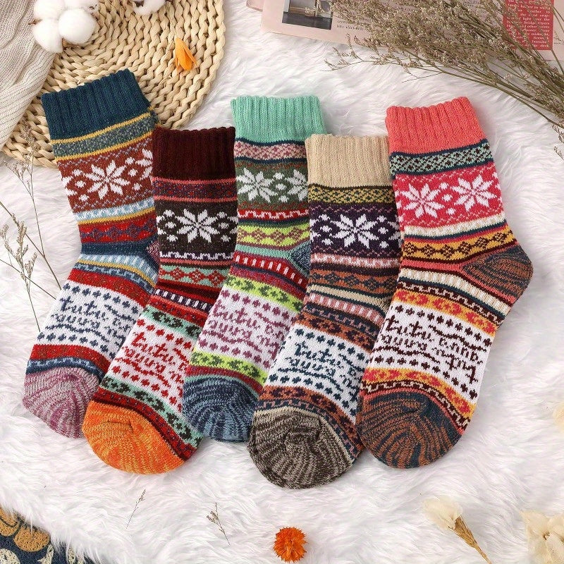 5 Pairs Vintage Wool Crew Socks for Winter & Autumn