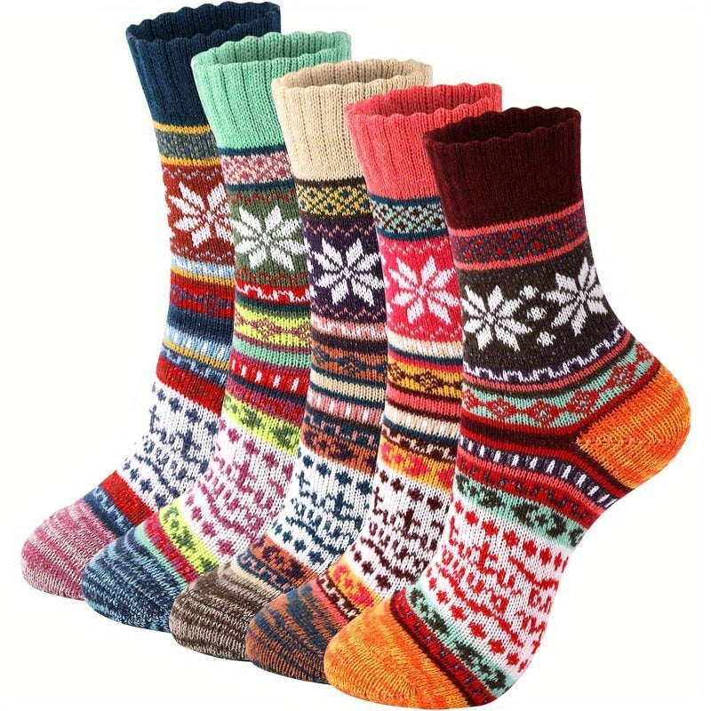 5 Pairs Vintage Wool Crew Socks for Winter & Autumn