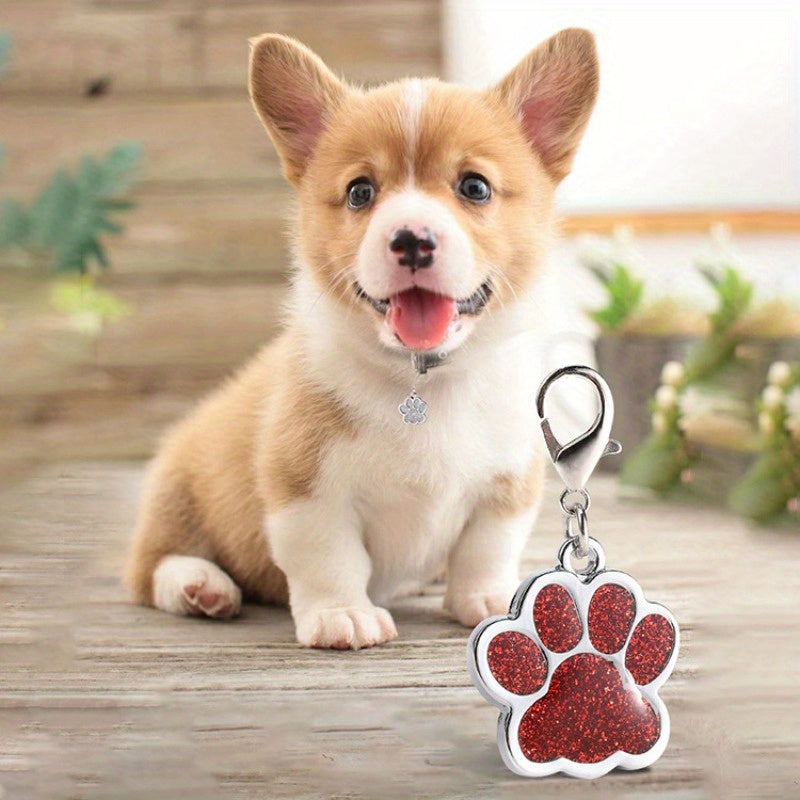 2pcs Glitter Engraved Dog Tag Keychain Footprint Paw Print Pet Tag Zinc Alloy