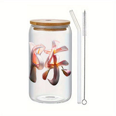 Chinese Character Pattern Glass Coffee Cup with Lid 500ml