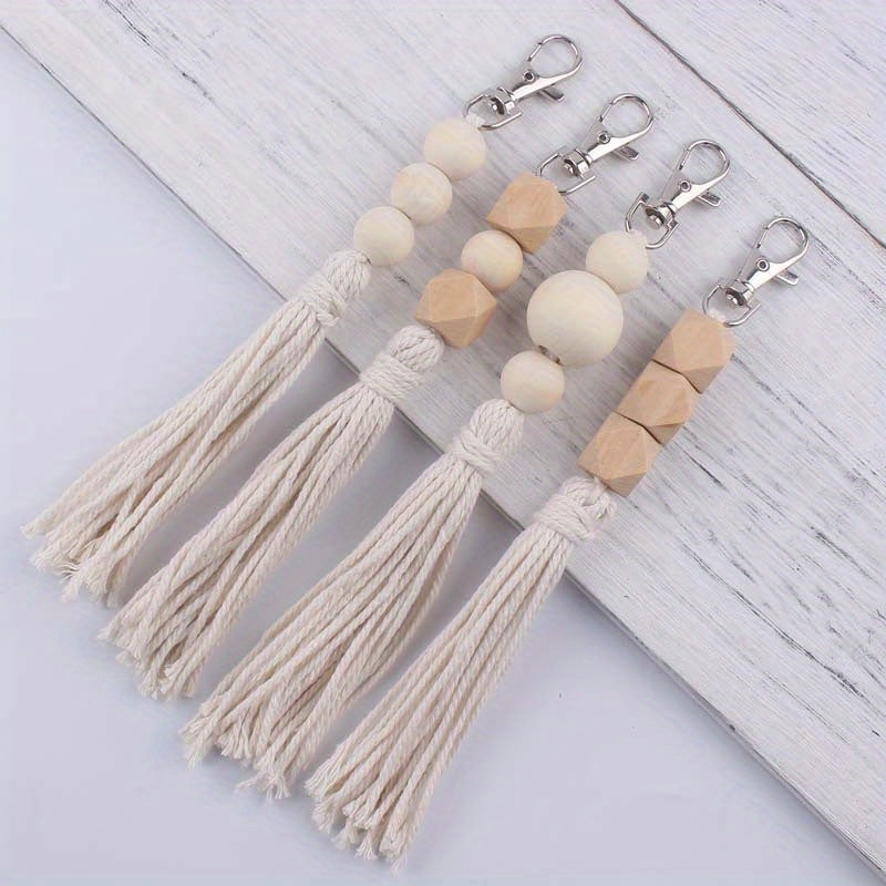 DIY Wooden Beaded Tassel Pendant Keychain for Car Keys Backpacks Wallets