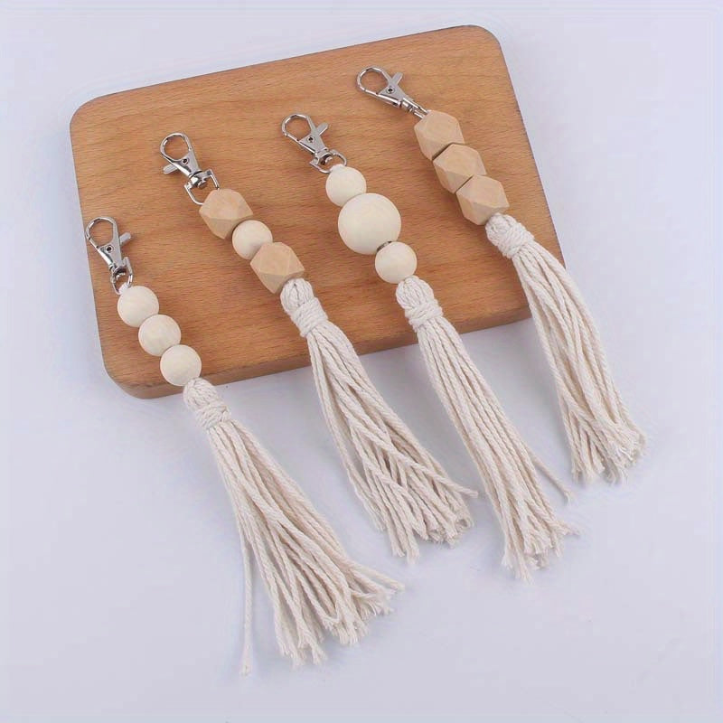 DIY Wooden Beaded Tassel Pendant Keychain for Car Keys Backpacks Wallets