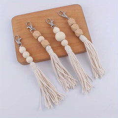 DIY Wooden Beaded Tassel Pendant Keychain for Car Keys Backpacks Wallets