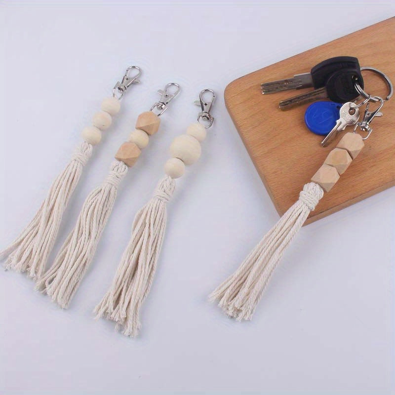 DIY Wooden Beaded Tassel Pendant Keychain for Car Keys Backpacks Wallets